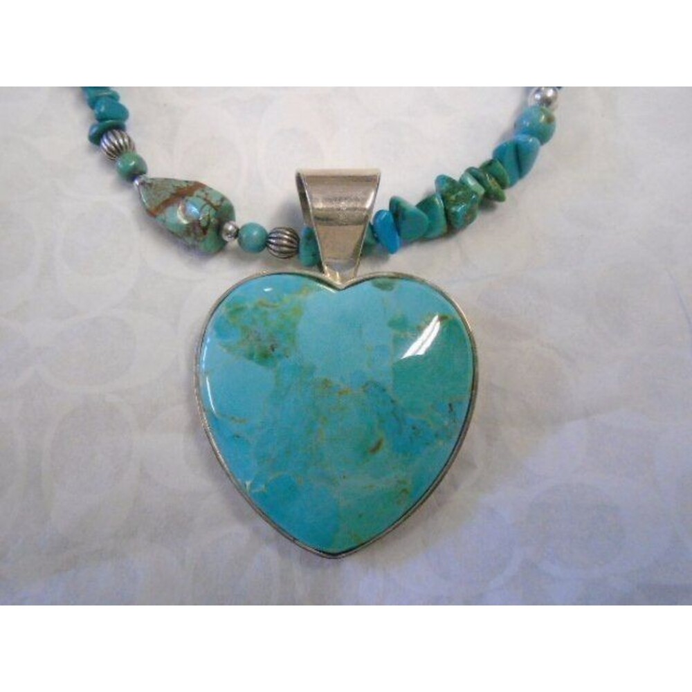 TURQUOISE & SILVER HEART PENDANT & Necklace DTR 35" Mother's Day Gift Relios